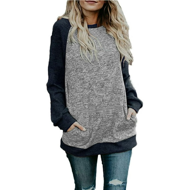 Buauty Womens Casual V-Neck Long Sleeves Sweatshirt Tunics Blouse Tops with Pocket